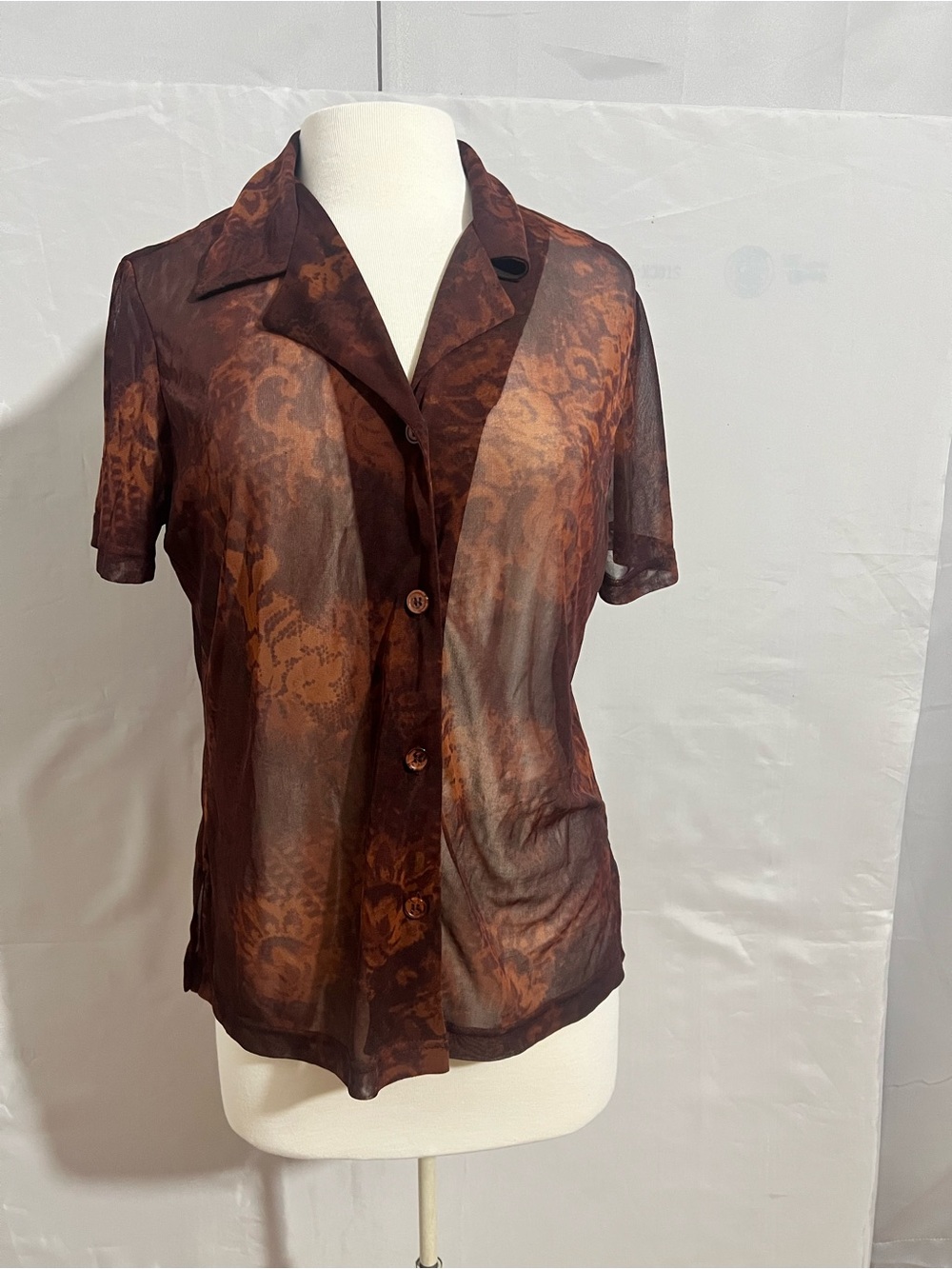 Brown Sheer Short-Sleeve Printed Button-Down Top